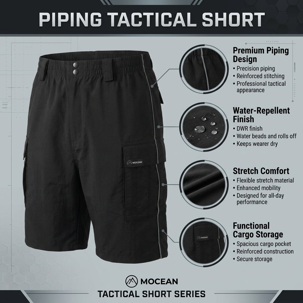 Mocean 1081 Piping Tactical Short Quick-Dry & Water-Repellent, Lightweight Mens Cargo Shorts Stretchable Work Shorts for Men