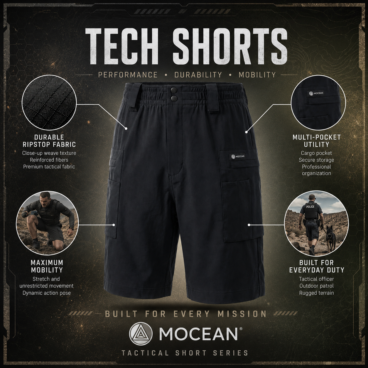 Mocean 1090 Tech Men’s Cargo Shorts Quick Dry Nylon Outdoor Performance Tactical Shorts and Water Resistant Men's Short