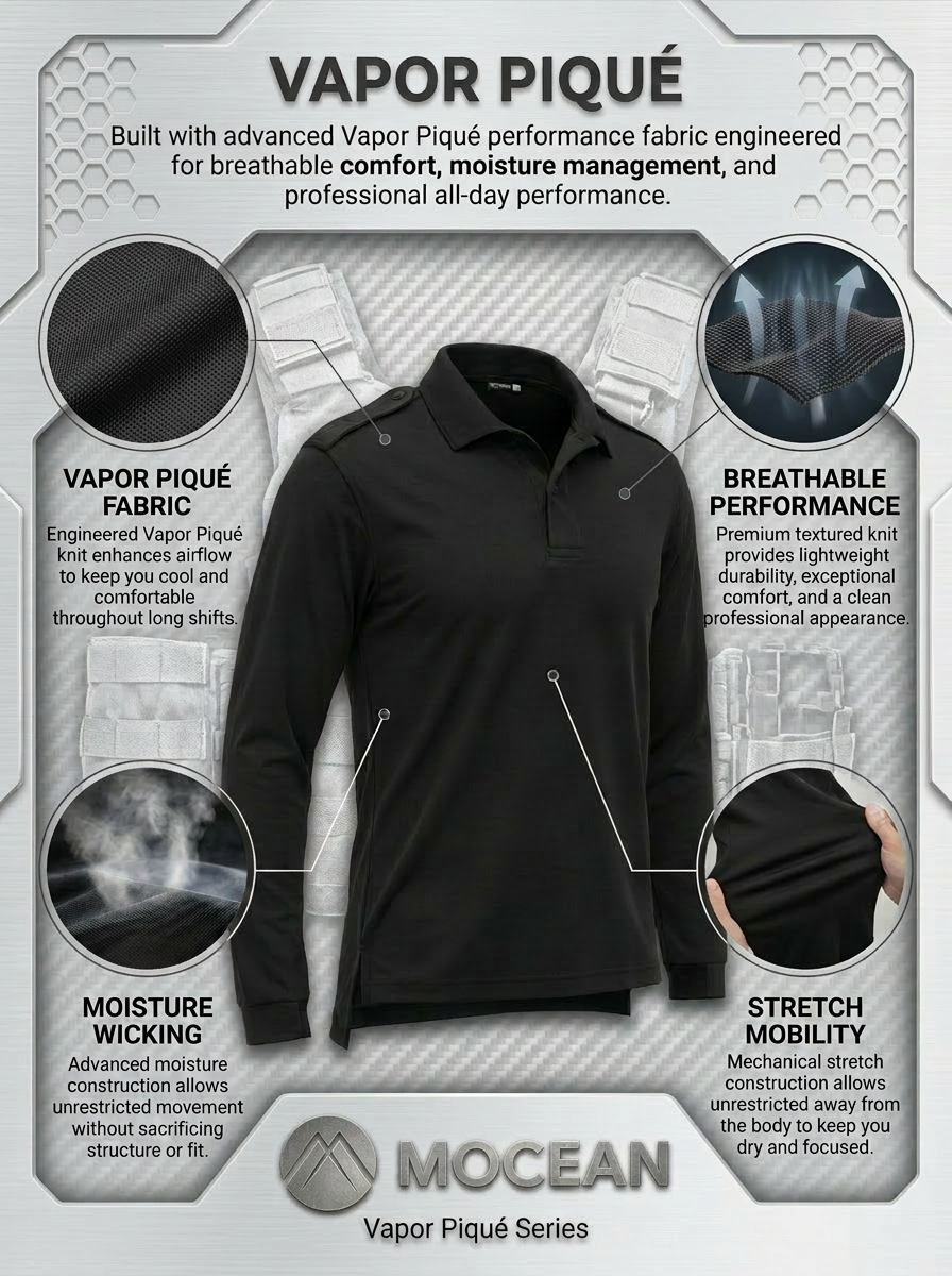 MOCEAN 353 Vapor Piqué Long Sleeve Polo Shirt for Men Tactical Shirt with Epaulettes and Mic Keepers, Quick-Dry Tactical Gear