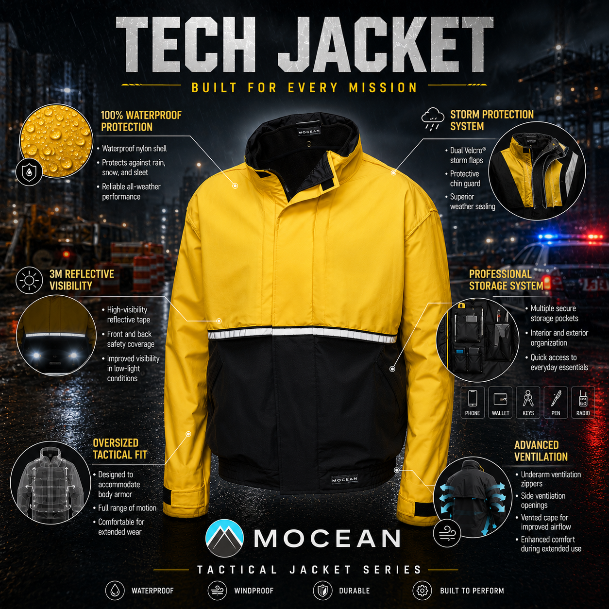 MOCEAN 6070 Tech Waterproof Rain Jacket Hiking Tactical Work Jackets for Men Women High Visibility Reflective Safety Jacket