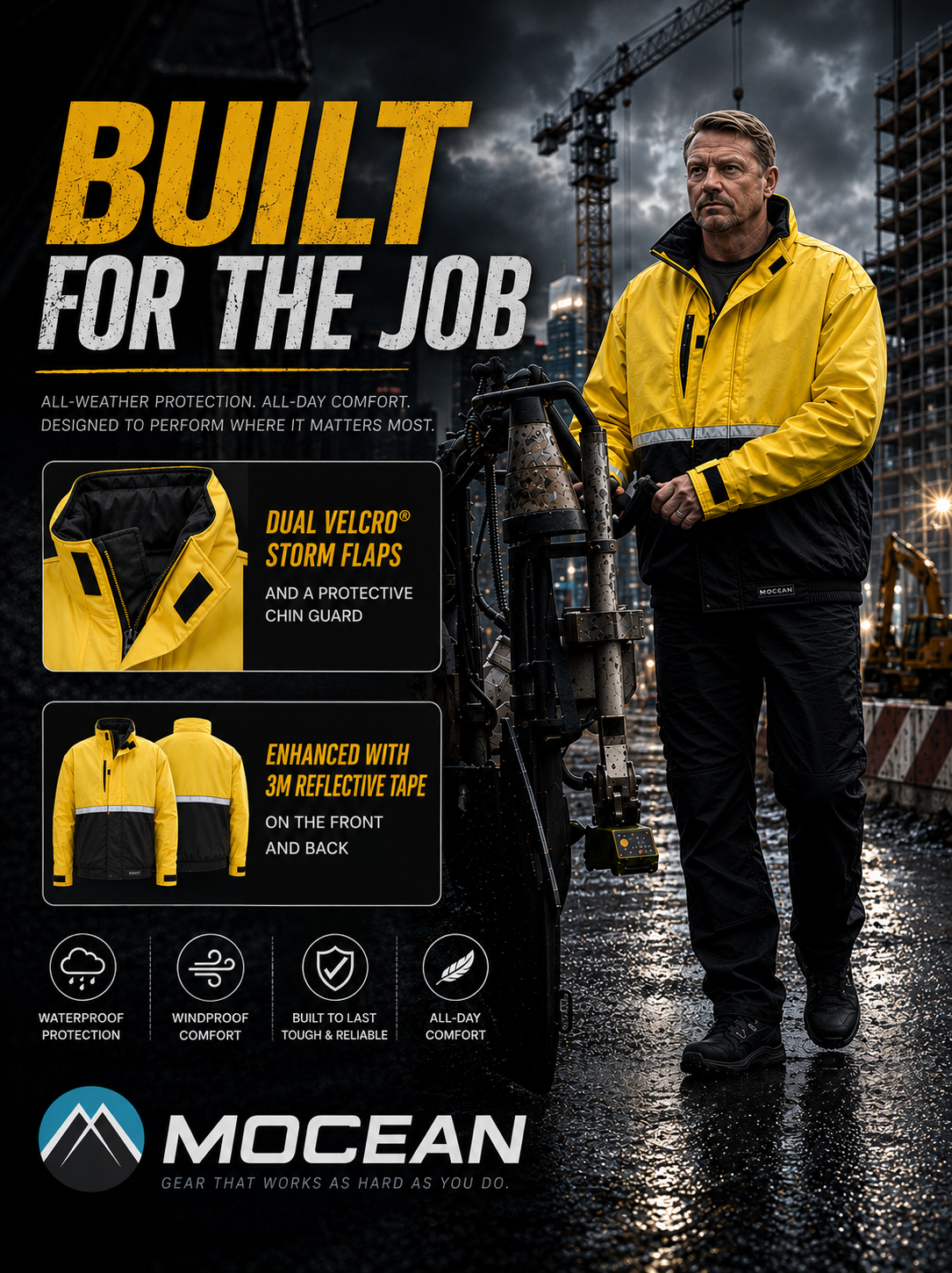MOCEAN 6070 Tech Waterproof Rain Jacket Hiking Tactical Work Jackets for Men Women High Visibility Reflective Safety Jacket